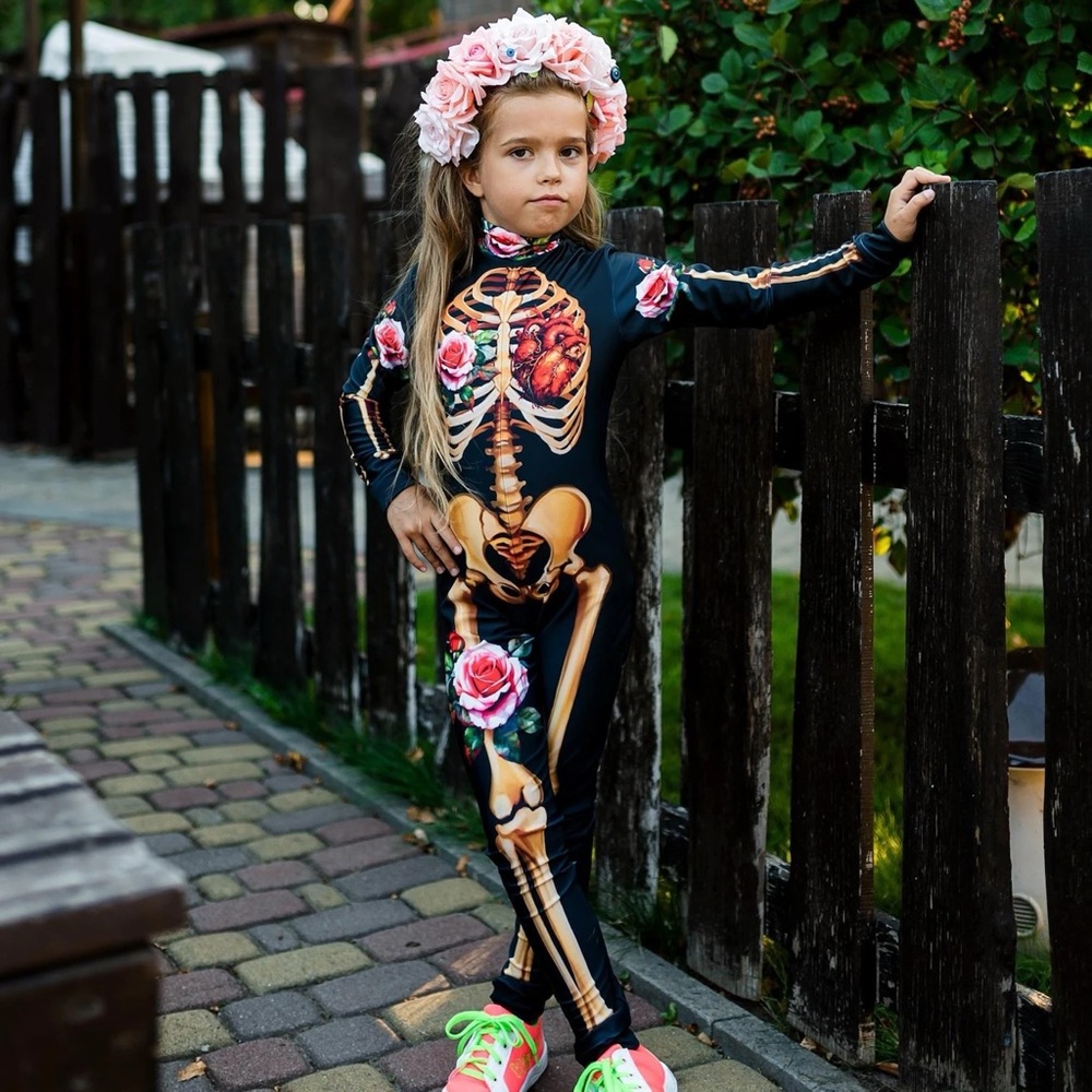 Halloween girls costume, black rose skeleton holiday bodysuit